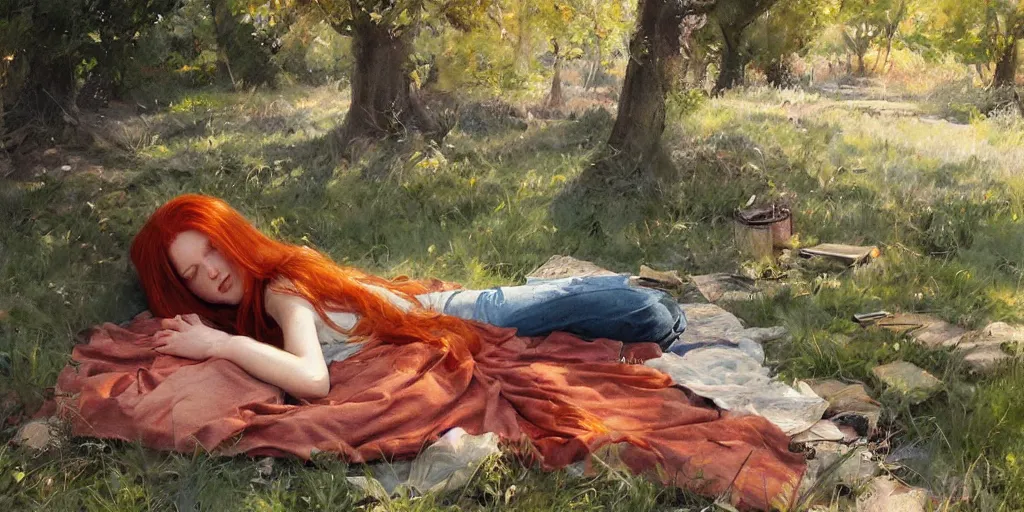 Image similar to redhead sleeping outside in summer, artstation james gurney