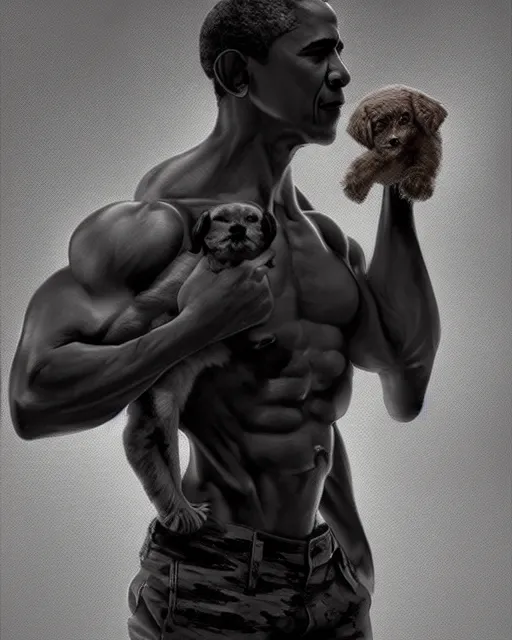 Image similar to gigachad barack obama bodybuilder holding a cute puppy in final fight mountain by ilya kuvshinov, ernest khalimov body by krista sudmalis, fantasy character portrait, ultra realistic, concept art, intricate details, elegent, digital painting, smooth, sharp focus, illustration, art by artgerm and greg rutkowski and alphonse mucha, artstation