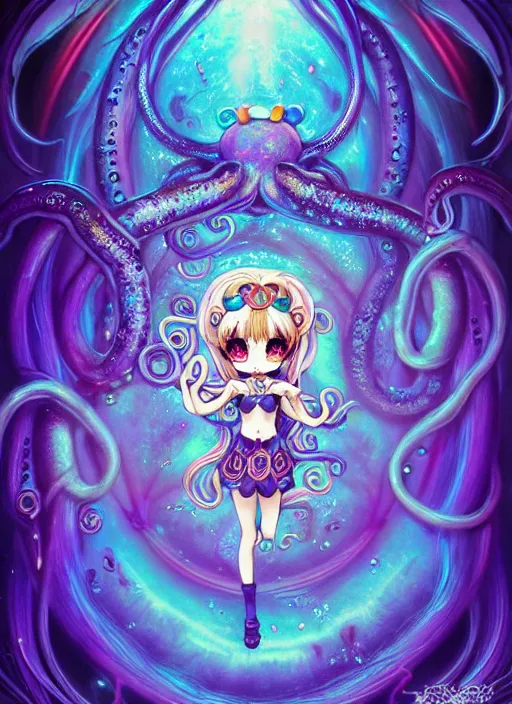 Image similar to A full shot of a chibi girl from the Abyss covered in opal. Symmetrical. Underwater. Dark foreboding Atmosphere. Sailor Moon. Tentacles. Kawaii. Rainbows. By Lisa Frank and HR Giger and Ross Tran. Key Art. Fantasy Illustration. award winning, Artstation, intricate details, realistic, Hyperdetailed, 8k resolution. Photoreal. Octane Render.