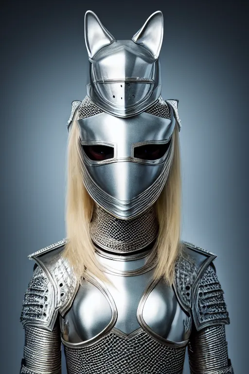 Image similar to female knight wearing a real cat on her head, armor designed by wayne barlowe, swarovski and tiffany, blonde hair, symmetry, sci - fi, cinematic, elegant, luxury, perfect light, perfect composition, dlsr photography, sharp focus, dark fantasy, 4 k, ultra hd, sense of awe, highly detailed, realistic, intricate