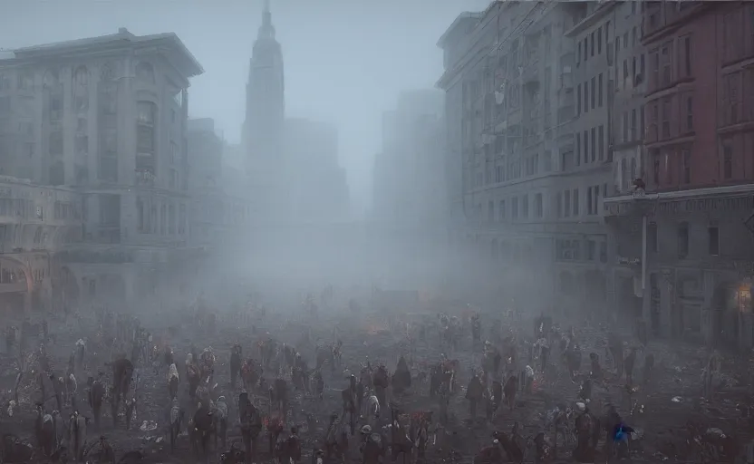 Image similar to Dan Pietro plaza invaded by zombies, epic, mystery, dense fog dusk, highly detailed, cinematic, 8k