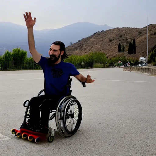 Image similar to pablo echenique in his wheelchair skateboarding in el valle de los caidos, in spain