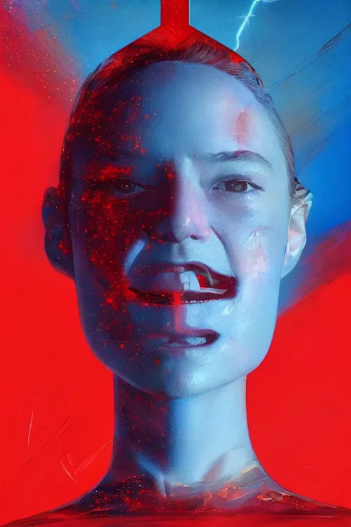 Image similar to 3 d, sci - fi, morning, stanley kubrick smiling fashion model face, sun, cinematic, lightning clouds, vogue cover style, poster art, light red and deep blue mood, realistic painting, intricate oil painting, high detail, figurative art, multiple exposure, poster art, 3 d, by tooth wu and wlop and beeple and greg rutkowski