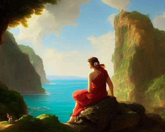 Image similar to an oil painting of a woman sitting on a rock overlooking an island, a digital painting by thomas cole, cgsociety, metaphysical painting, 2 d game art, storybook illustration, detailed painting