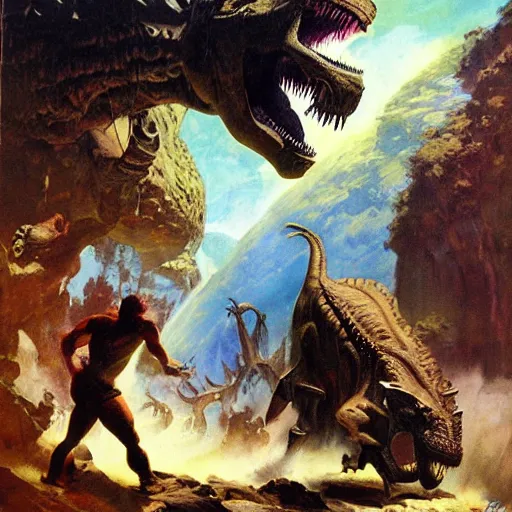 Prompt: an adventurer descends to the hollow earth, action shot, tropical forest, dinosaurs, intense lighting, painting by Frank Frazetta