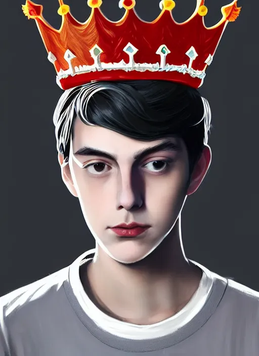 Image similar to portrait of teenage jughead jones wearing a light grey crown, photorealistic, crown, crown with red and white pin badge, crown with pins, eyes closed, crown, black hair, intricate, elegant, highly detailed, digital painting, glowing lights, artstation, concept art, smooth, sharp focus, illustration, art by wlop, mars ravelo and greg rutkowski