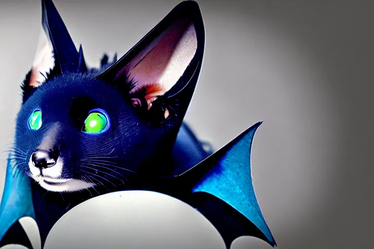 Image similar to a blue - and - black male catbat fursona with blue / green heterochromatic eyes ( one blue, one green ) and huge bat ears, photo of the catbat streaming on his computer