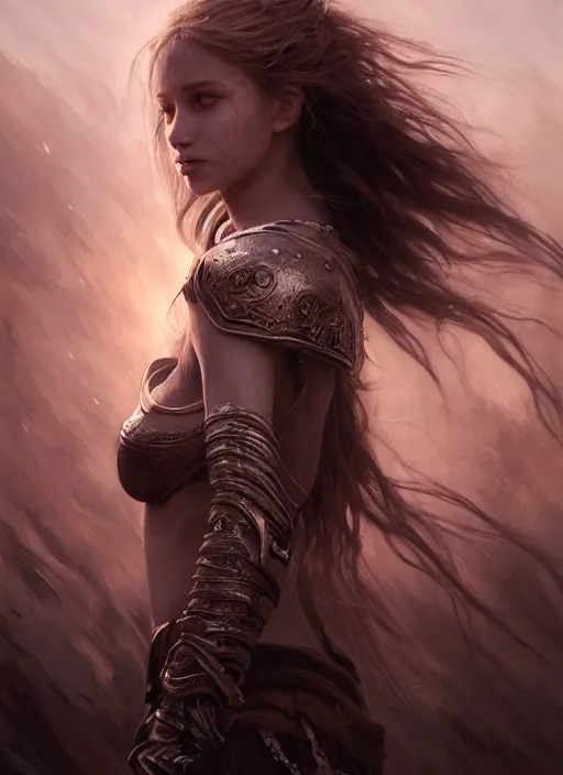 Prompt: warrior girl, fine art, awesome, award winning, hyperrealistic symmetrical hyperdetailed dark fantasy landscape, fantasy magic, sensual white skin beauty beauty red long hair windy intricate, elegant, sharp focus, cinematic lighting, highly detailed, digital painting, concept art, art by wlop and artgerm and greg rutkowski, masterpiece, trending on artstation, 8 k