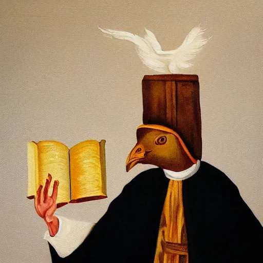 Prompt: “a painting of brown chickens on the head of a priest wearing black robes reading the bible in church”