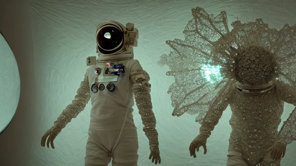 Image similar to a single astronaut eva suit made of diamond 3d fractal lace iridescent bubble 3d skin and covered with insectoid compound eye camera lenses floats through the living room, film still from the movie directed by Denis Villeneuve with art direction by Salvador Dalí, wide lens,