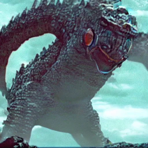 Image similar to low resolution filmstill of a kaiju monster