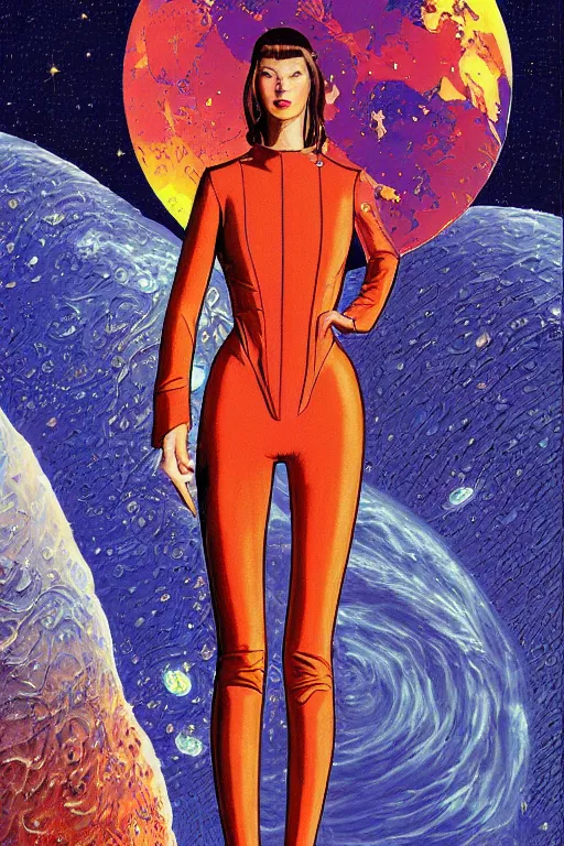 Image similar to cyber portrait fashion model in space artwork by jean giraud