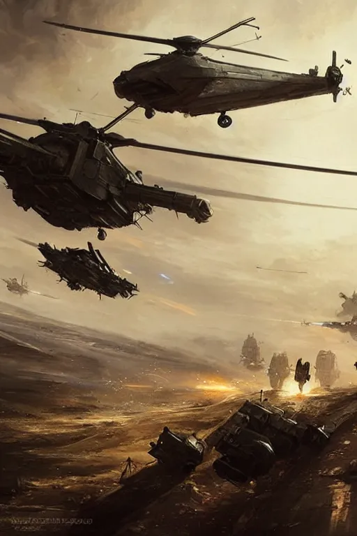 Prompt: a futuristic helicopter in war, epic scene, by greg rutkowski