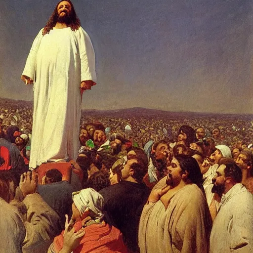 Prompt: morbidly obese jesus floating above a crowd of onlookers, by ilya repin