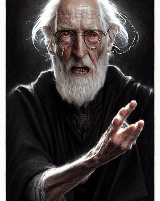 Image similar to a elderly wizard casting a black fireball | | pencil sketch, realistic shaded, fine details, realistic shaded lighting poster by greg rutkowski, magali villeneuve, artgerm, jeremy lipkin and michael garmash and rob rey