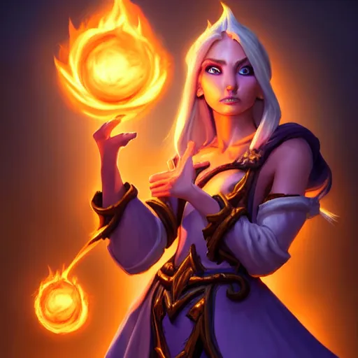 Prompt: Hearthstone official professional art. A sorceress, wearing a robe casting a fire ball. Insanely coherent physical body parts (face, arms, legs, hair, eyes, pupil, eye white). Full body realistic, sharp focus, 8k high definition, insanely detailed, intricate, elegant, smooth, sharp focus, illustration, ArtStation