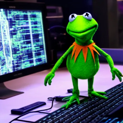 Image similar to Kermit the frog as a computer hacker, wearing a hoodie in a dim data center over a computer screen glowing, cyberpunk unreal 4k muppet digital art