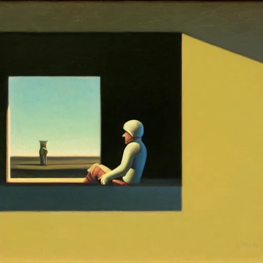 Image similar to lonely astronaut on the moon, in the style of edward hopper, in the style of bonestell, chesley