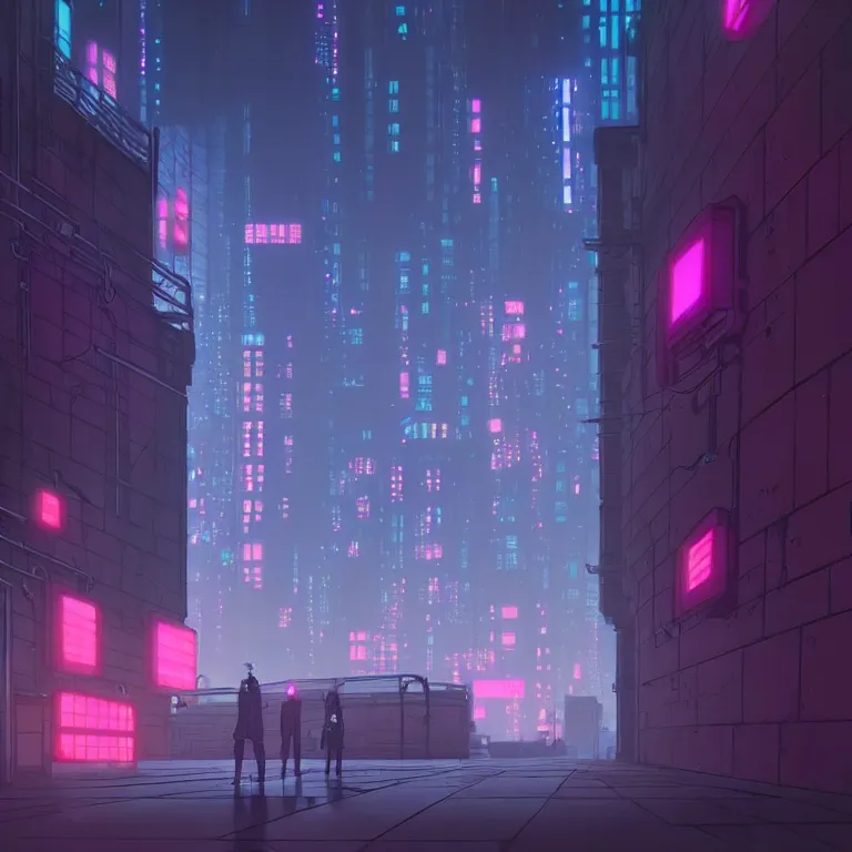 Prompt: city wall in the atmospheric cyberpunk anime film, gouache matte background painting, neon noir, at night with lights, by makoto shinkai, in the anime series ergo proxy, beautiful specular edge highlights and rim lighting