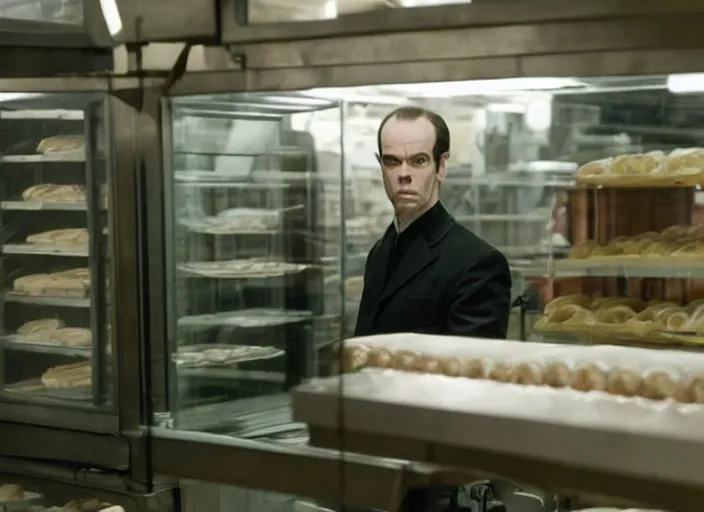 Image similar to film still of young hugo weaving as agent smith working in a bakery in the new matrix movie, 4 k