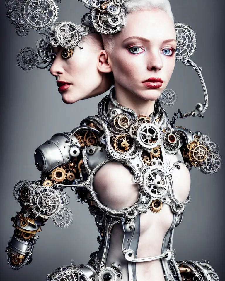 Prompt: highly detailed full body portrait of a complex bio-mechanical beautiful young female cyborg with a steampunk metal fine lace face, retrofuturistic depressing hopeless horrific vibe, full shot, pale skin, curled silver metallic hair and a fine metal floral foliage lace collar by Alexander McQueen:: high fashion, haute couture, rococo, steampunk, fine silver filigree details, anatomical, facial muscles, cable wires, microchip, elegant, hyper realistic, 150 mm lens, soft rim light, octane render, unreal engine, volumetric lighting, 8k, muted reflective metallic coloring, sharp focus