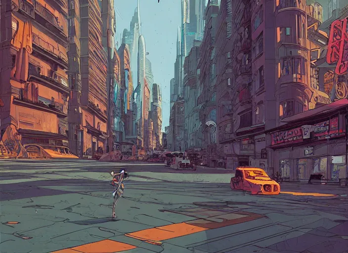 Prompt: a view of a city at street level, no cars. sharp focus, cinematic pose, cinematic lighting, unreal engine render. art by josan gonzales and moebius and deathburger.