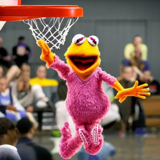 Prompt: beaker from the muppets dunking a basketball wearing air jordans