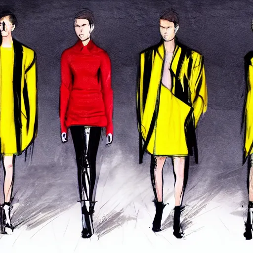 Image similar to brutalist fashion incorporating black and yellow, fashion show, studio lighting, concept art