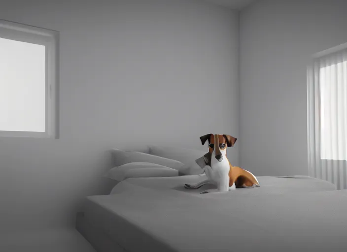 Prompt: photography of a Jack Russel . watching outside the window. on a bed .in a 3d rendered white room. octane render, 3d, foggy, volumetric light, volumetric fog, photorealistic, unreal engine 5, award winning photo, 100mm, sharp, cloth, high res