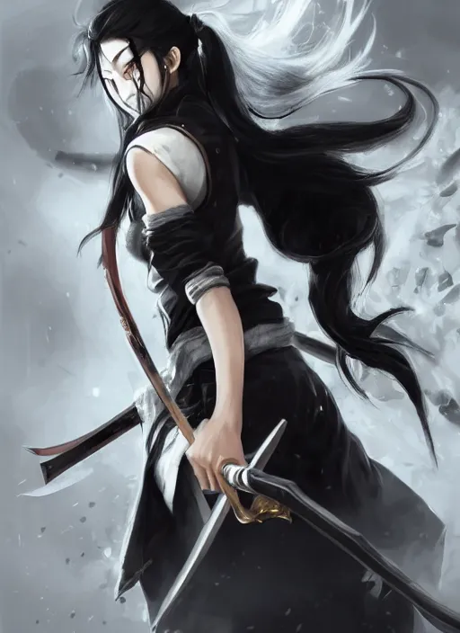 Prompt: a highly detailed illustration of fierce messy ponytail black haired one eyed japanese delinquent woman wearing long white delinquent coat and wearing eyepatch, dramatic wielding paper sword pose, intricate, elegant, highly detailed, centered, digital painting, artstation, concept art, smooth, sharp focus, league of legends concept art, wlop.