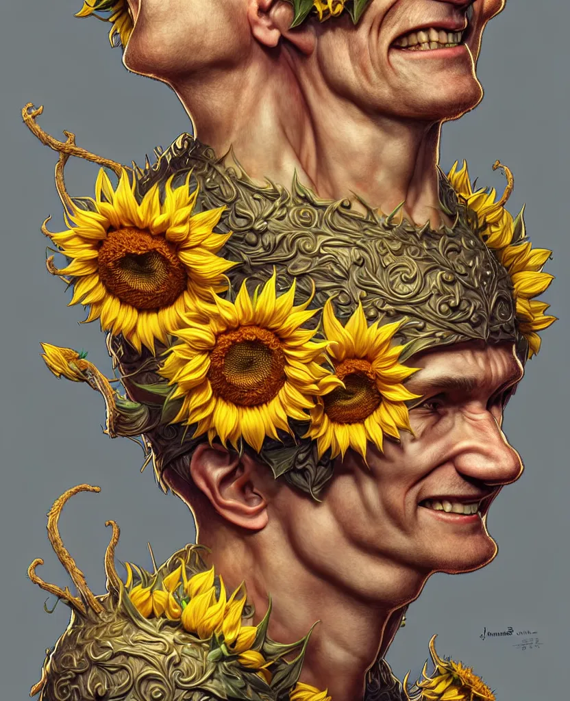 Image similar to digital art, centered full body of young any old Putin smiling king, Sunflower crown, ,intricate, veins, by James Jean and by artgerm , by ross tran ultradetailed, charachter design, concept art, trending on artstation,