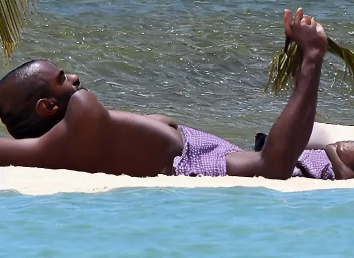 Image similar to kanye west sunbathing at the beach of miami