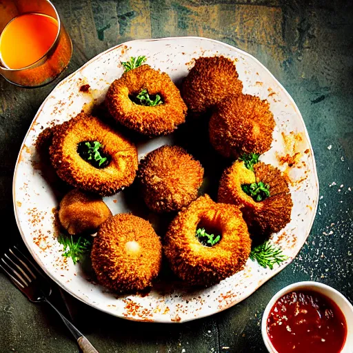 Image similar to deep fried mushrooms stuffed with deep fried mushrooms stuffed with deep fried mushrooms stuffed with deep fried mushrooms stuffed, delicious meal, studio photo