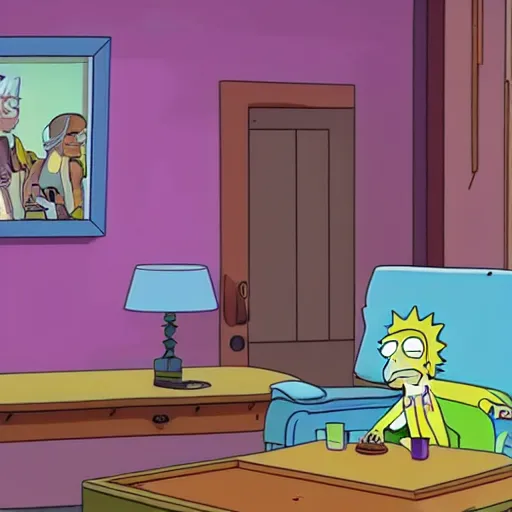 Image similar to Rick & Morty starring in the simpsons couch-gag