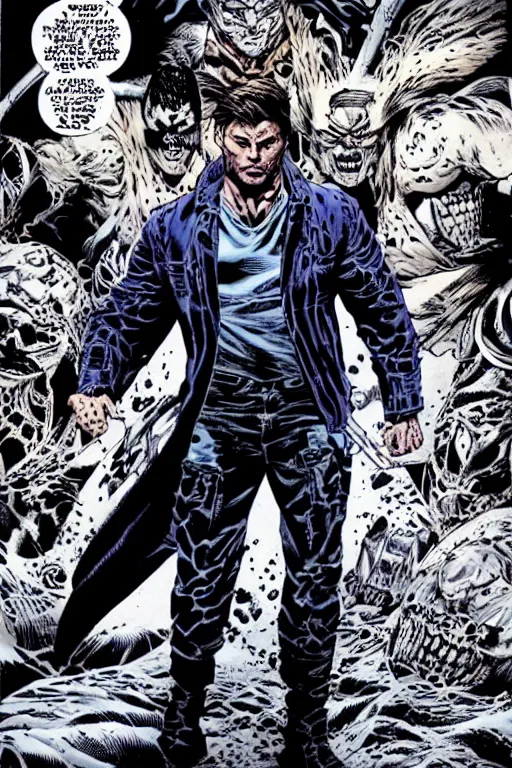 Image similar to A full body portrait of Jensen Ackles as a new antihero character with an angry face art by Marc Silvestri and Jim Lee, detailed, mysterious