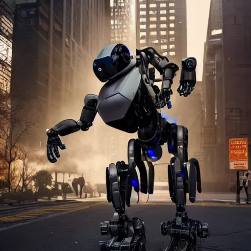 Prompt: a hyperreastic photograph of a robot with a powerful weapon, boston dynamics, mechanical, technology, cyberpunk