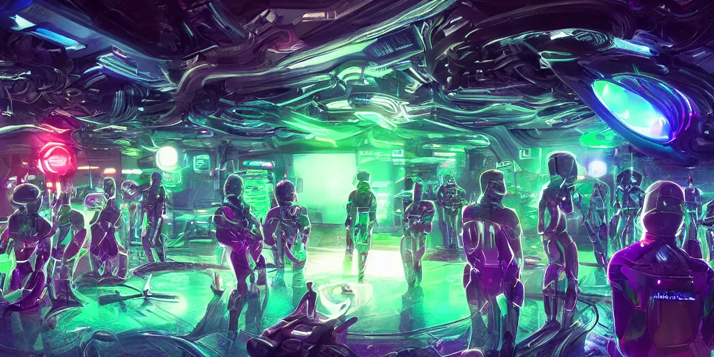 Image similar to digital art, trending on artstation, race of technobiological aliens in a meeting at their base in the galaxy, night time, neon lights
