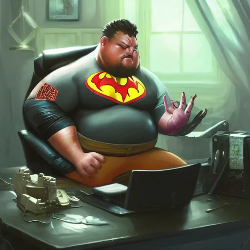 Image similar to a insanely detailed painting of a slightly overweight man wearing a homemade superhero costumed, sitting at a computer desk, nervously and clicking on the mouse, in the style of peter mohrbacher, dramatic lighting and composition, trending on artstation, concept art, comic book, graphic novel