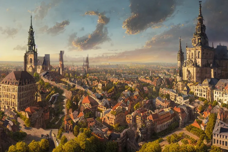 Image similar to an ultra detailed matte landscape painting of an german renaissance capital city built on top of a large hill with many tall spirally towers, sweeping vista, german renaissance architecture, ultrawide lens, aerial photography, 8 k, volumetric lighting, smooth, highly detailed, digital illustration, art by greg rutkowski and akira toriyama and artgerm