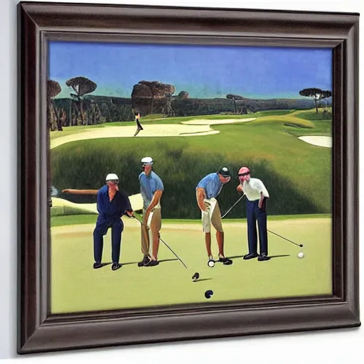 Image similar to Three golfers on a beautiful golf course driving range, by Diego Rivera