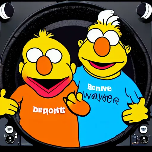 Image similar to svg sticker of a Pop-Wonder Bert&Ernie, Sesame-Street, at a rave, spinning records, giant headphones rocking out, wearing headphones, huge speakers, dancing, rave, DJ, spinning records, digital art, amazing composition, rule-of-thirds, award-winning, trending on artstation, featured on deviantart