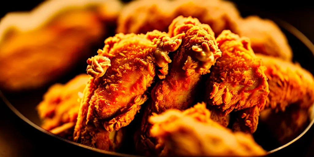 Prompt: photo of fried chicken, close - up, low saturation, diffuse light