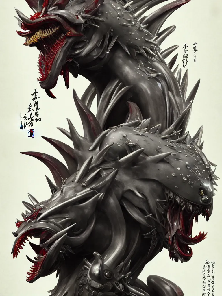 Image similar to exquisite imaginative creature beast from chinese mythology, sharp, ghost in the shell, slender and densely arranged teeth, poster art, movie art, elegant, by lucusfilm, weta studio and james jean, 8 k, denoised