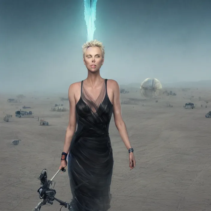 Prompt: Charlize Theron. intricate artwork. in black rock desert by Tooth Wu, wlop, beeple, dan mumford. octane render, trending on artstation, greg rutkowski very coherent symmetrical artwork. cinematic, hyper realism, high detail, octane render, 8k, iridescent accents