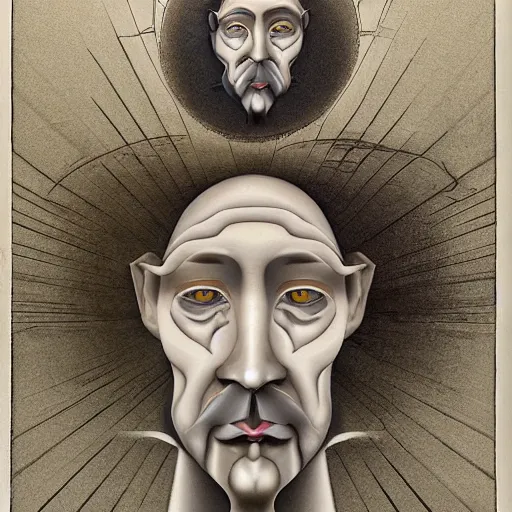 Image similar to an HD beautiful composition of deeply moving genius, flawless and incredible facial portraiture, depicting Father Time who has two faces and is regarding himself as if in the mirror; wondrous futuristic digital paint, by M. C. Escher S 572670079