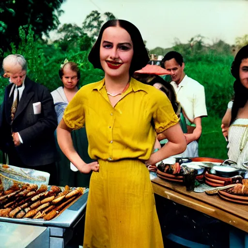 Prompt: an image of a queen with tan skin long rippling cinnamon hair and emerald colored eyes in a medium full shot, vintage historical fantasy 1 9 3 0 s kodachrome slide german and eastern european mix. the queen is pictured attending a barbecue for youth volunteers. she is dressed in a yellow midi shirt dress paired with a floral classic pump.