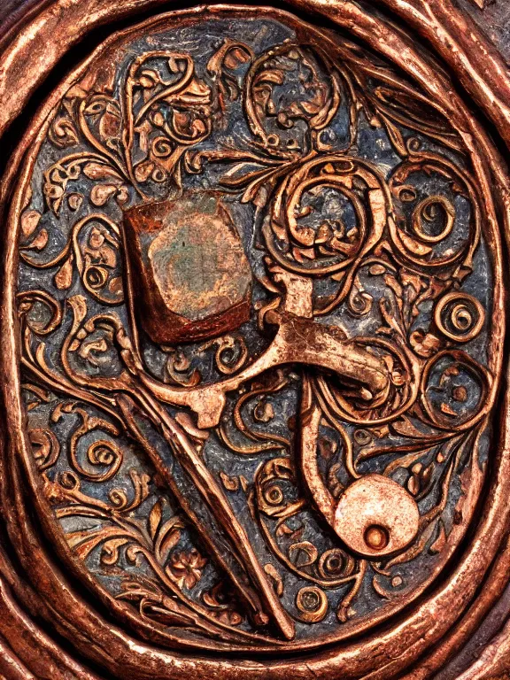 Image similar to a ultradetailed beautiful panting of an old copper key, with intricate detail, who can open the mind, resting on an old stone altar, oil panting, high resolution 4 k