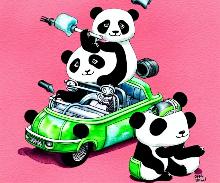 Prompt: cute and funny, panda bear wearing a helmet riding in a tiny hot rod with oversized engine, ratfink style by ed roth, centered award winning watercolor pen illustration, isometric illustration by chihiro iwasaki, edited by range murata, centered and focused