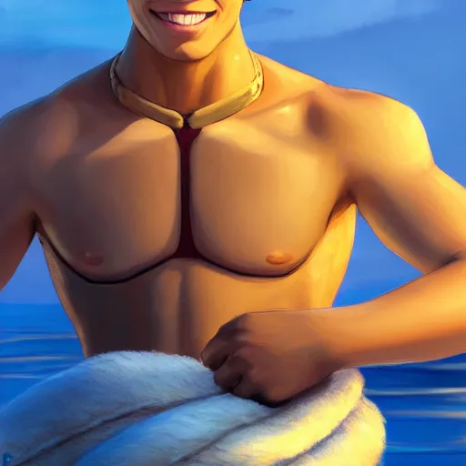 Image similar to beautiful serene intricate portrait of sokka from the water tribe as a young inuit man with blue eyes, smiling softly, relaxing on the beach, golden hour, soft focus, 8 k, art by irakli nadar, hyperrealism, hyperdetailed, ultra realistic