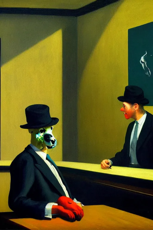 Image similar to man in business costume, a bear in business costume, business negotiations process, hauntingly surreal, highly detailed painting by francis bacon, edward hopper, adrian ghenie, gerhard richter, and james jean soft light 4 k,